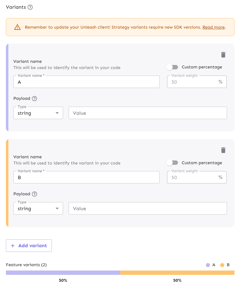 An example of variants configured for an A/B test